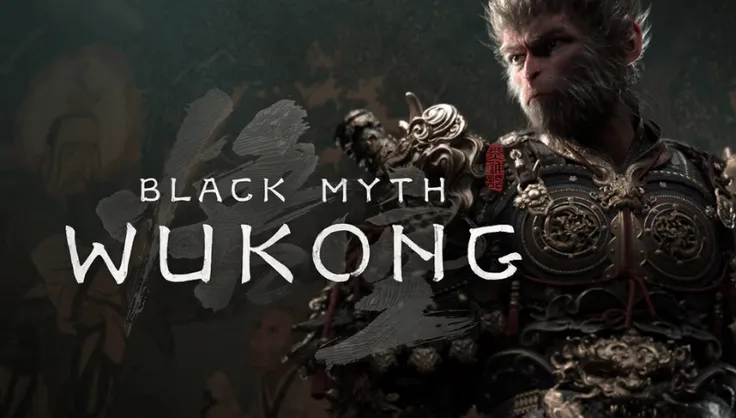 Black Myth Wukong sedang bertarung melawan monster mitologi dengan latar dunia fantasi epik