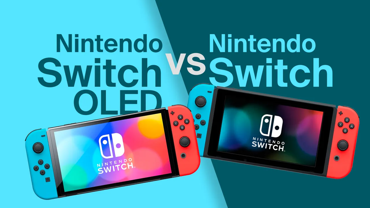 Nintendo Switch OLED dan Nintendo Switch standar berdampingan menunjukkan perbedaan layar dan desain