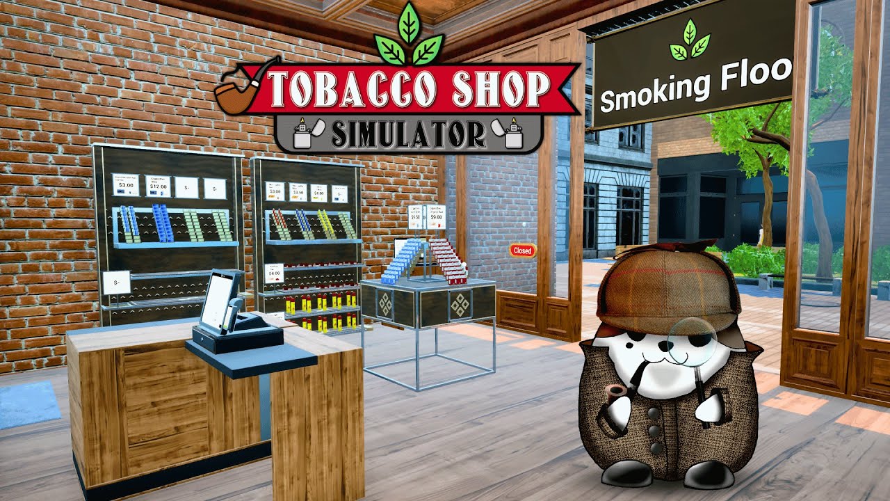 Tampilan toko tembakau virtual di game Tobacco Shop Simulator dengan rak rokok lengkap dan pelanggan berbelanja