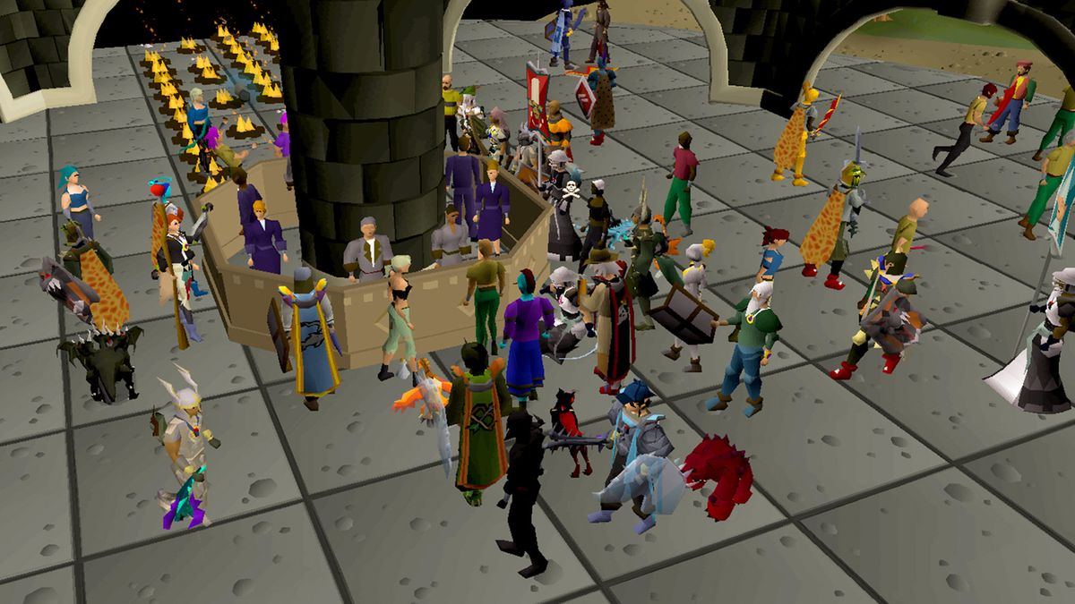 Tampilan gameplay Old School RuneScape menampilkan karakter pemain di dunia Gielinor dalam gaya klasik 3D.
