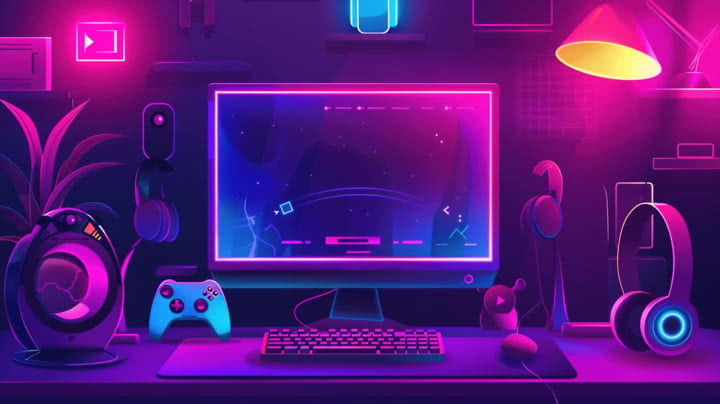 Aksesoris gaming PC seperti keyboard, mouse, dan headset dengan background estetik