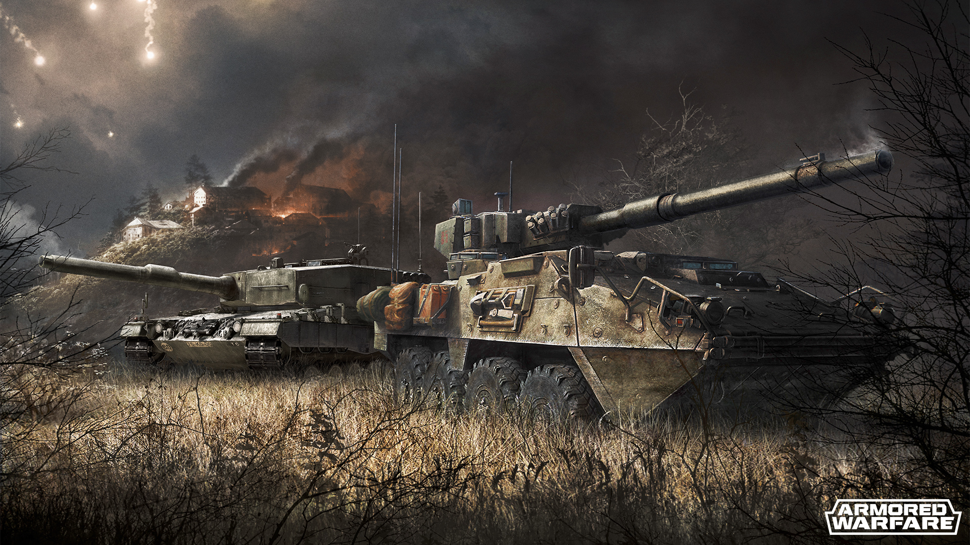 Tank modern dalam permainan Armored Warfare sedang bertempur di medan perang