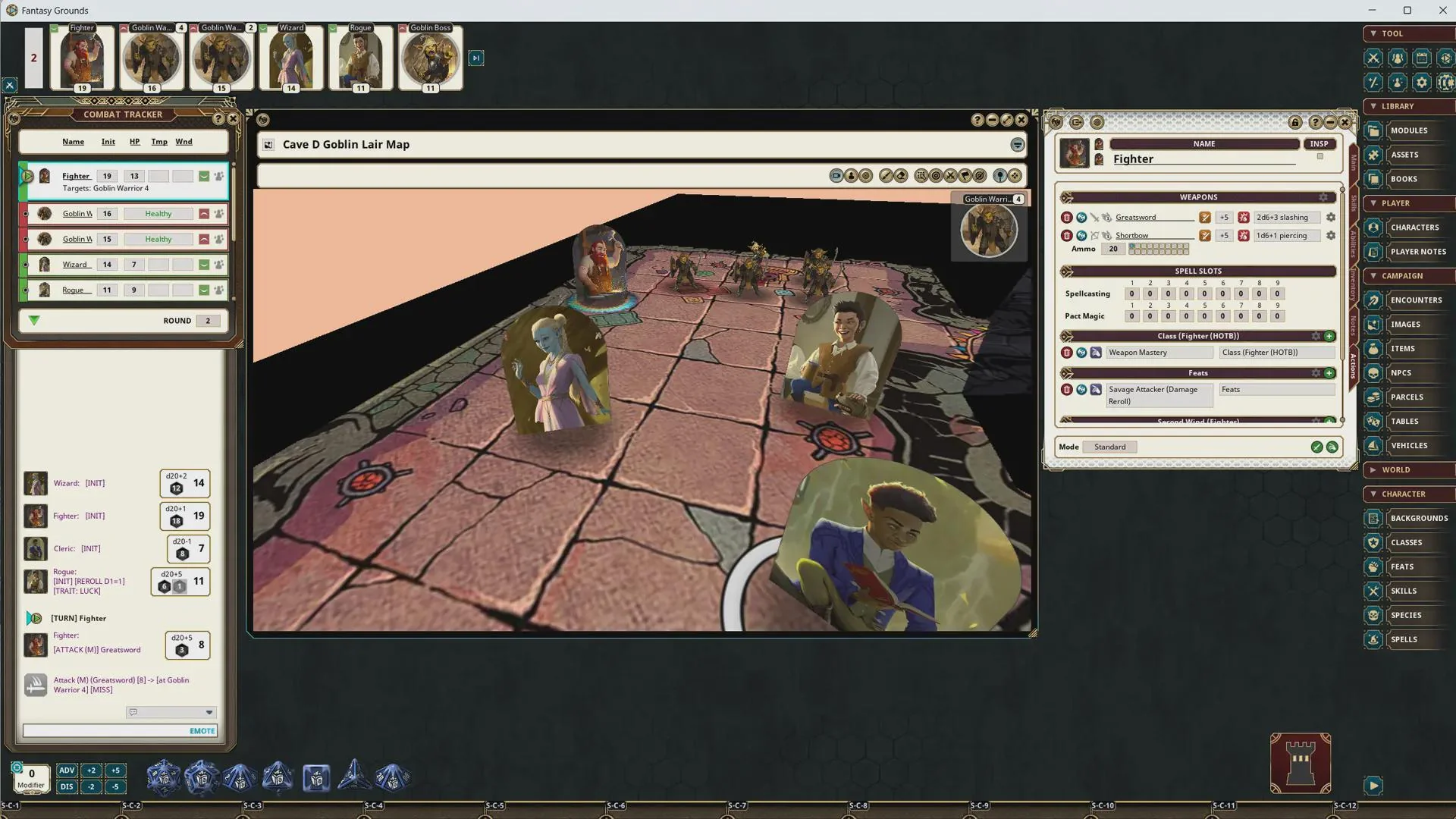 Tampilan antarmuka Fantasy Grounds VTT untuk permainan RPG online