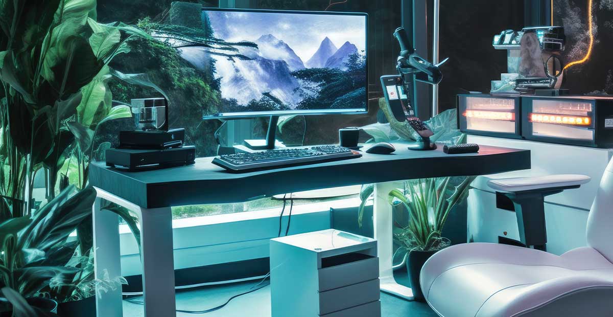 Meja elektrik gaming FlexiDesk dengan desain minimalis dan pengaturan ketinggian otomatis