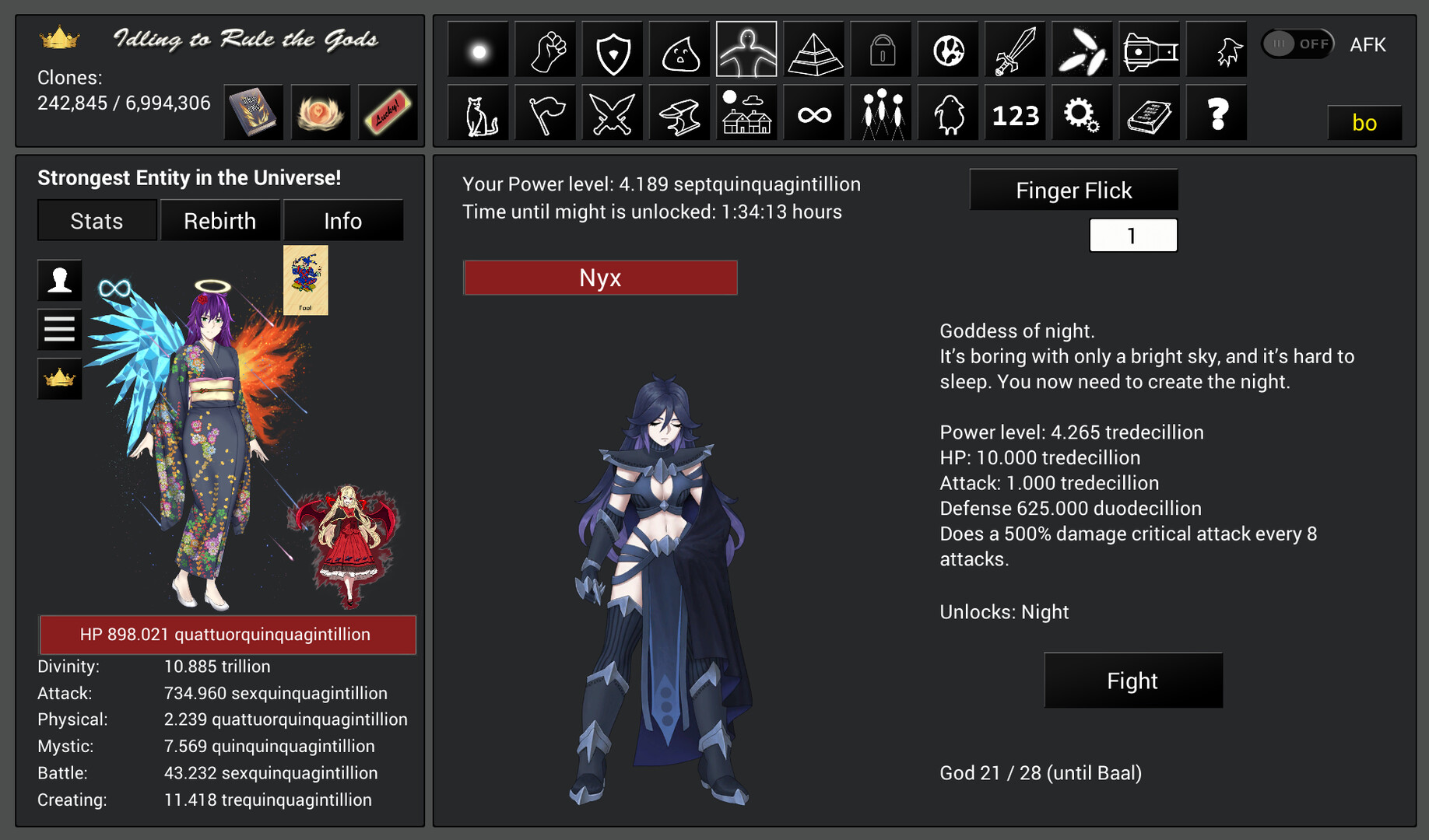 Screenshot gameplay Idling to Rule the Gods menampilkan hero kuat bertarung di dungeon RPG idle