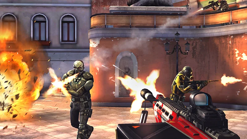 Gameplay Modern Combat 5 mobile FPS dengan karakter menembak di medan perang