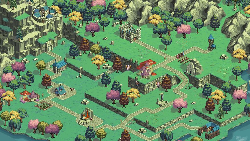 Ilustrasi gameplay Realm Grinder menampilkan aliansi manusia, elf, dan demon dengan strategi farming emas