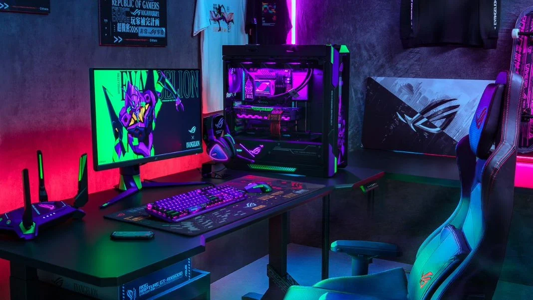 PC gaming ASUS ROG x Evangelion dengan desain futuristik warna ungu hijau khas EVA Unit-01