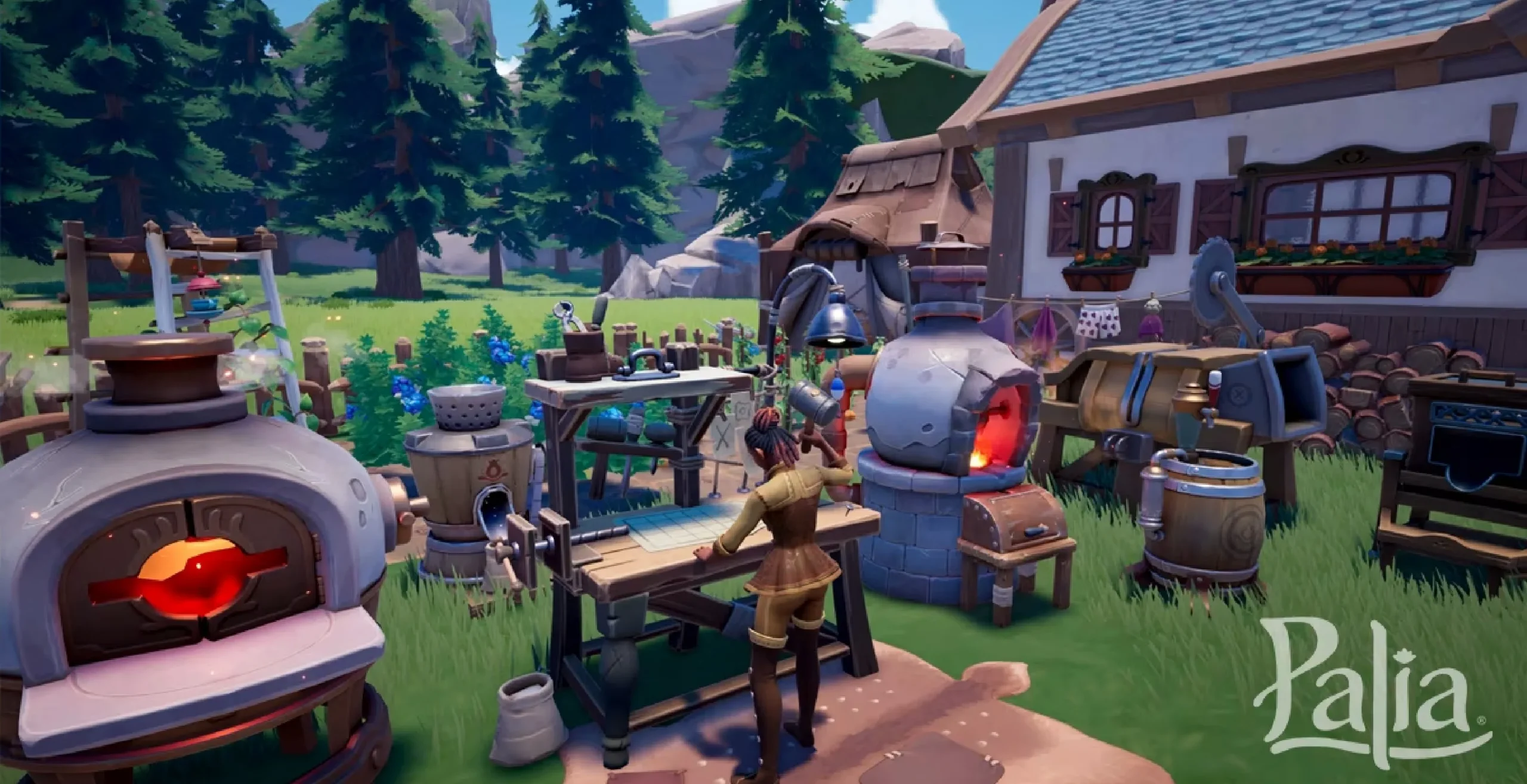 Pemandangan dunia fantasi luas di Palia dengan desa, hutan, dan pegunungan