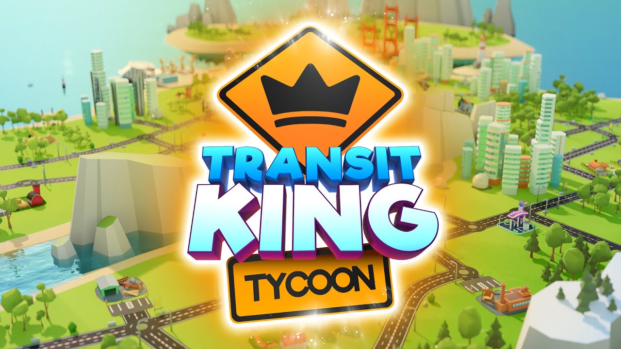 Screenshot gameplay Transit King Tycoon dengan armada bus dan kereta di rute kota