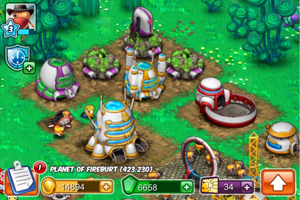 Tampilan planet dalam game Galaxy Life menunjukkan koloni dan sumber daya