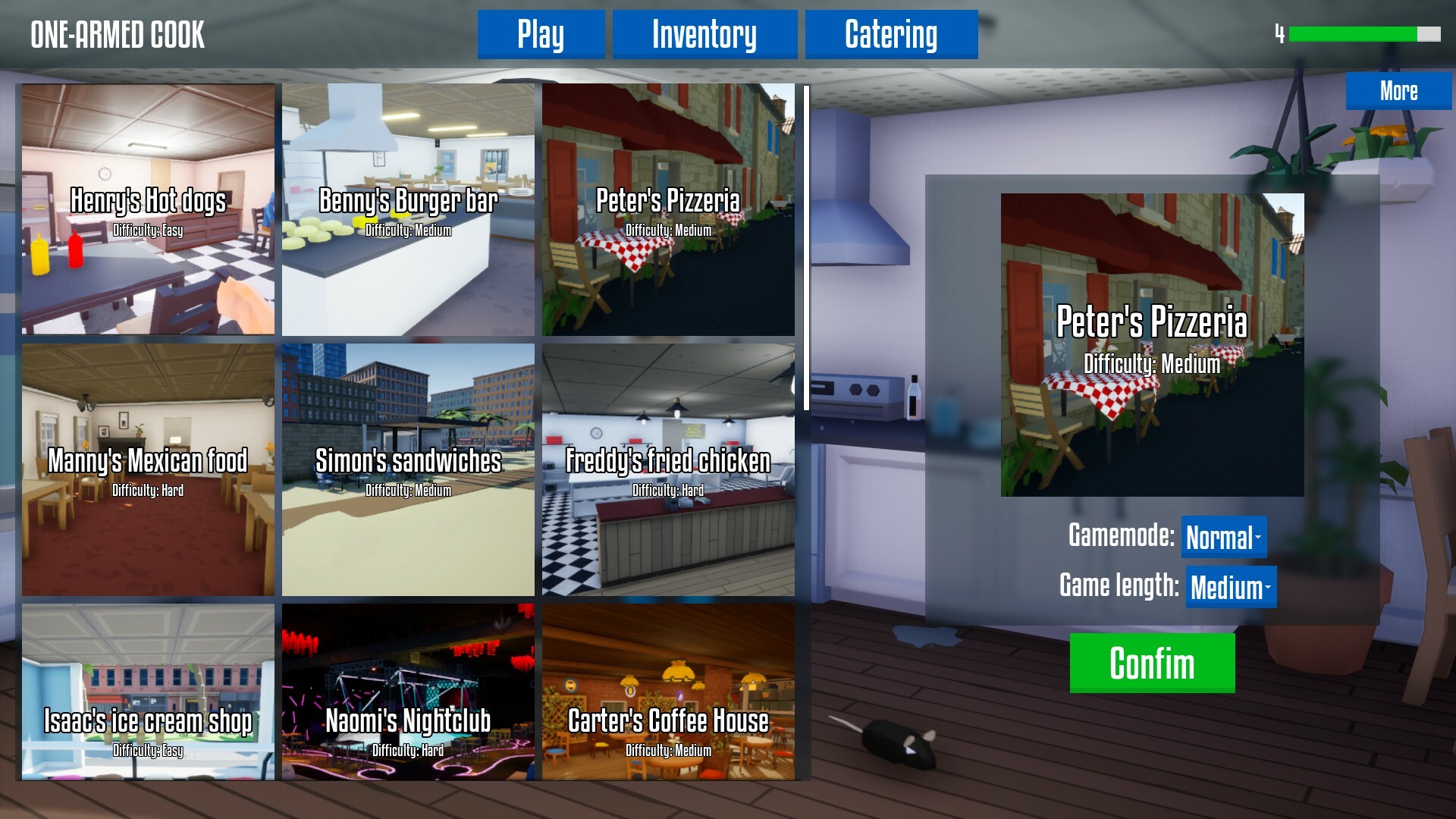 Gameplay One-Armed Cook saat pemain memasak di dapur restoran dengan satu tangan