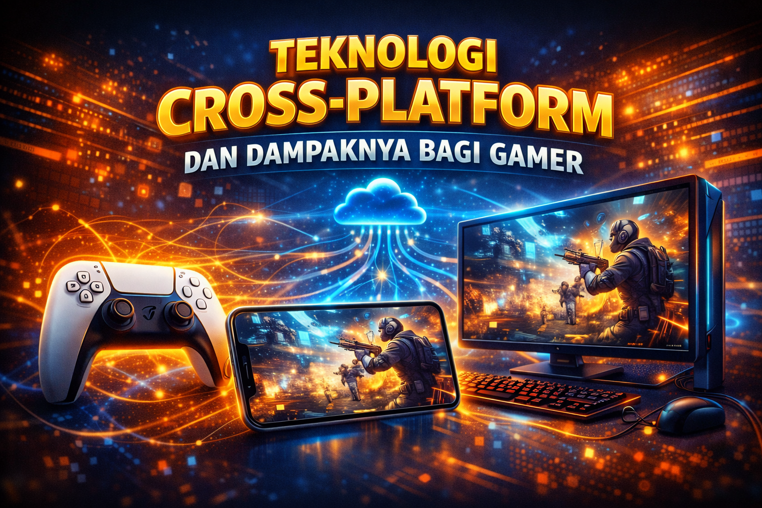 Ilustrasi teknologi game modern dengan grafis realistis dan perangkat gaming canggih