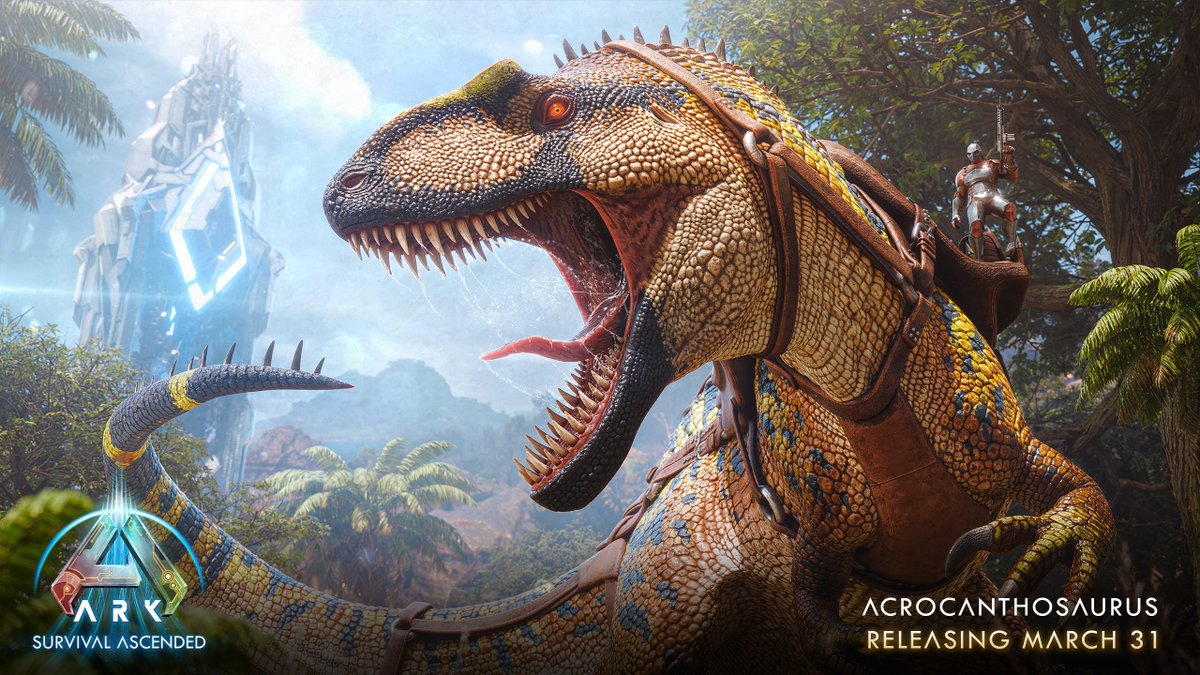 Karakter pemain sedang menjinakkan T-Rex di ARK: Survival Ascended dengan grafis Unreal Engine 5.