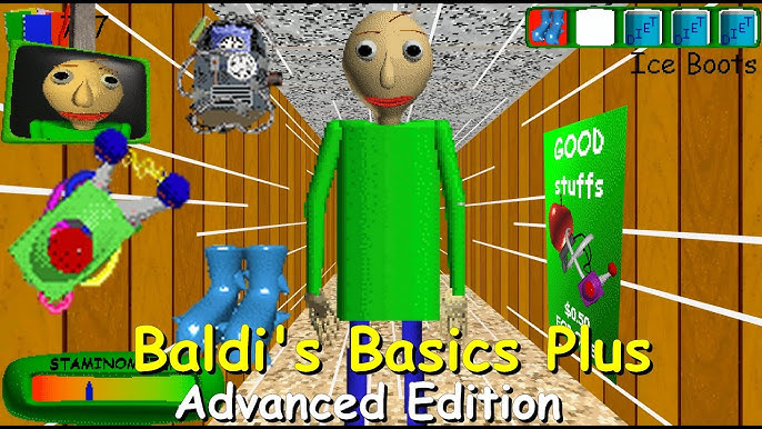 Gameplay Baldi's Basics Plus saat pemain menghindari Baldi di sekolah