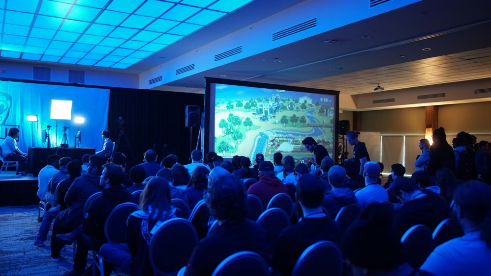 Ilustrasi panggung turnamen esports megah dengan penonton dan teknologi hologram.