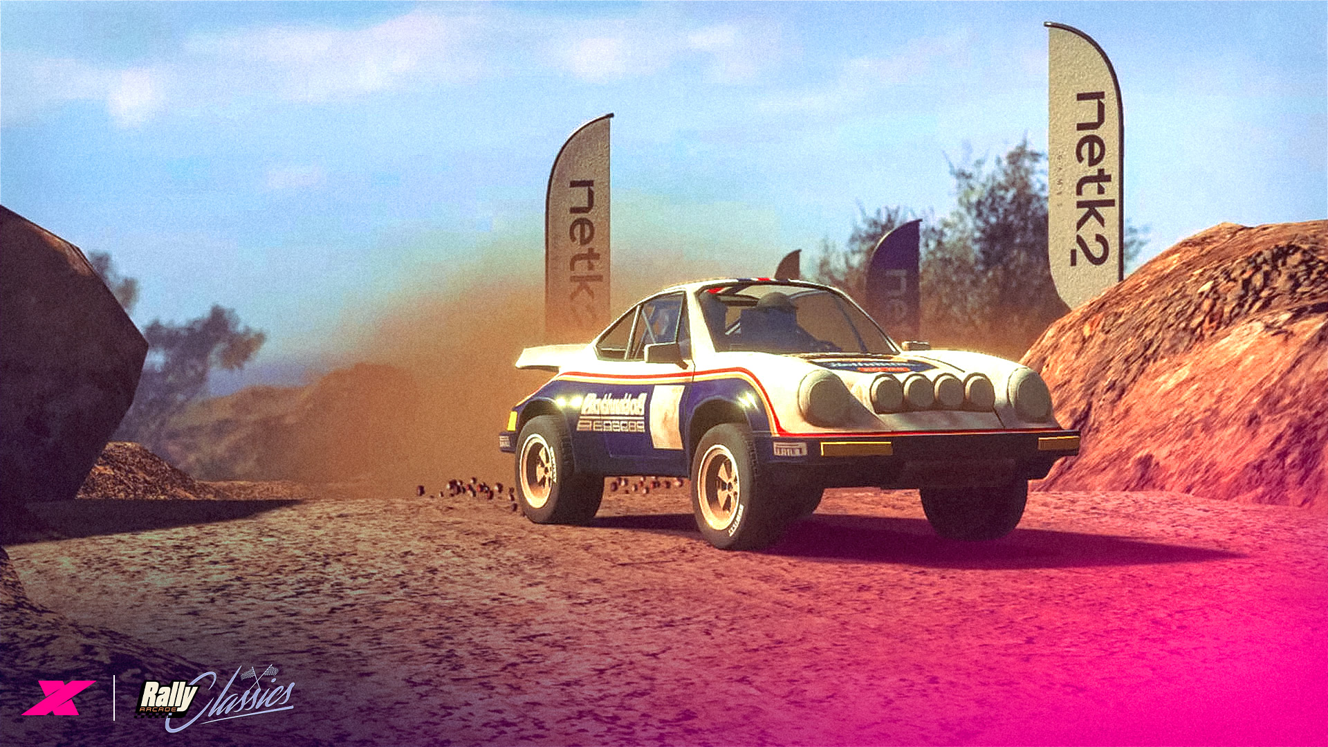 game Rally Arcade Classics dengan grafis retro dan mobil balap klasik di lintasan arcade