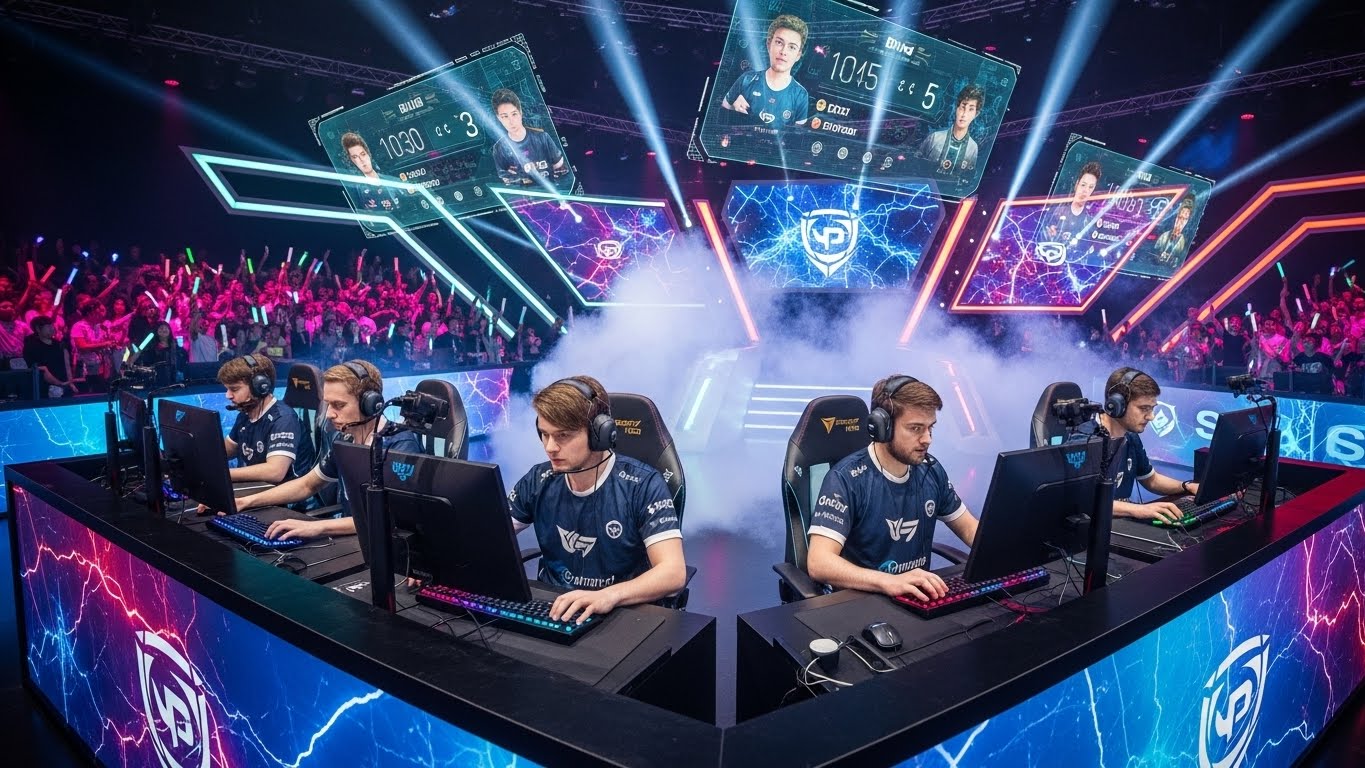ilustrasi perkembangan esports dan industri gaming modern dengan pemain profesional di turnamen global