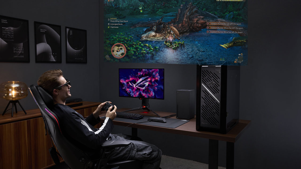 Teknologi Game Modern dengan Grafis Futuristik Pemain menikmati teknologi game modern dengan grafis futuristik dan perangkat gaming canggih