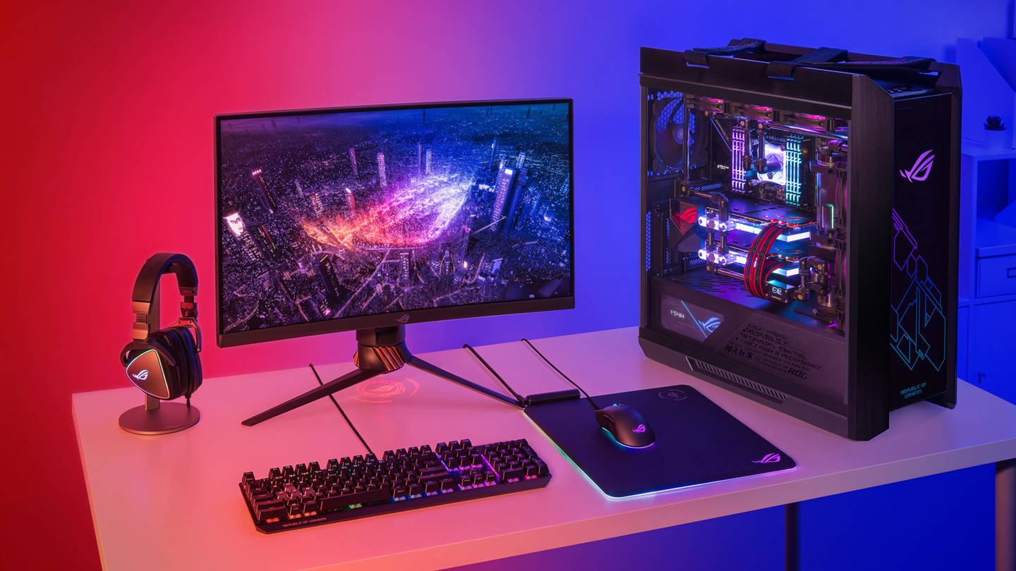 Ilustrasi teknologi game modern dengan grafis futuristik dan perangkat gaming canggih