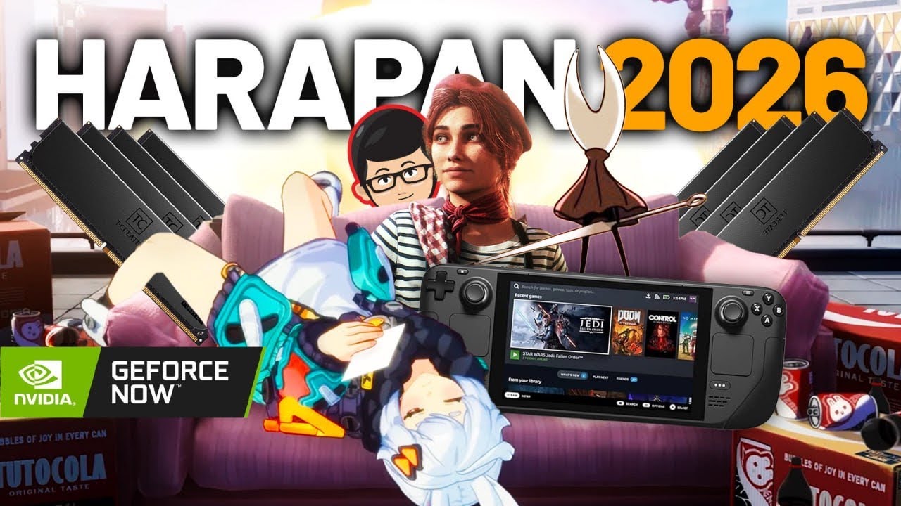 Ilustrasi teknologi dan game modern 2026 dengan VR headset, AI gaming, dan cloud gaming futuristik