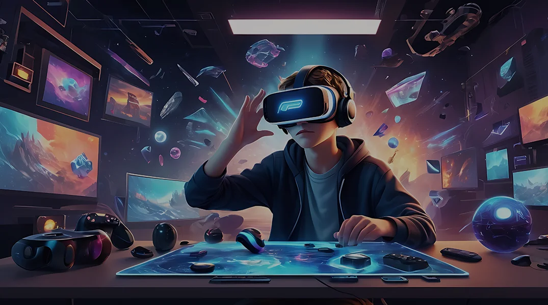 Ilustrasi teknologi gaming modern dengan AI, cloud gaming, dan visual grafis realistis dalam dunia game digital