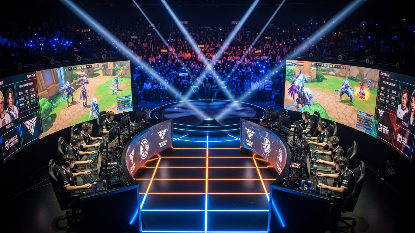 Pemain esports profesional bertanding dalam turnamen esports besar dengan panggung LED dan penonton digital