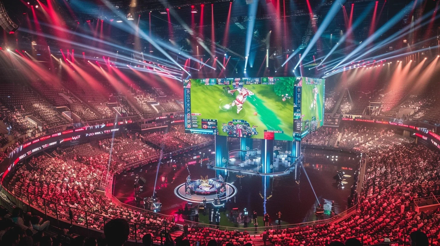 Pemain esports profesional bertanding dalam turnamen esports besar dengan panggung LED dan penonton digital
