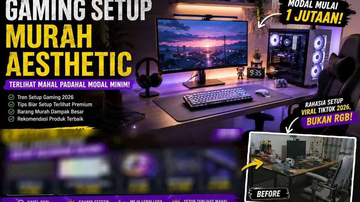 Setup Aksesoris Gaming Profesional Modern 2026 Setup aksesoris gaming lengkap dengan mouse, keyboard, headset, dan monitor gaming modern 2026