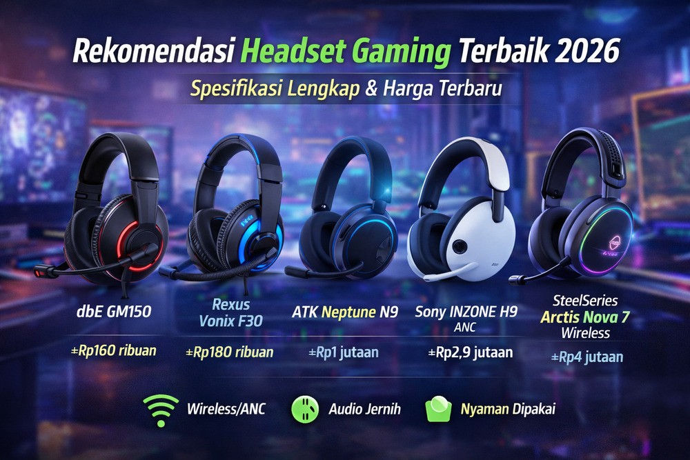 Setup gaming modern dengan headset gaming, keyboard mechanical, mouse gaming RGB, monitor dan kursi gaming ergonomis