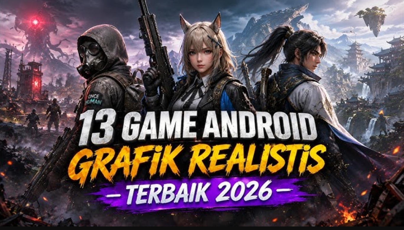 Teknologi Game Modern 2026 dengan Grafis Realistis Ilustrasi teknologi game modern 2026 dengan grafis realistis, AI gaming, dan dunia virtual futuristik