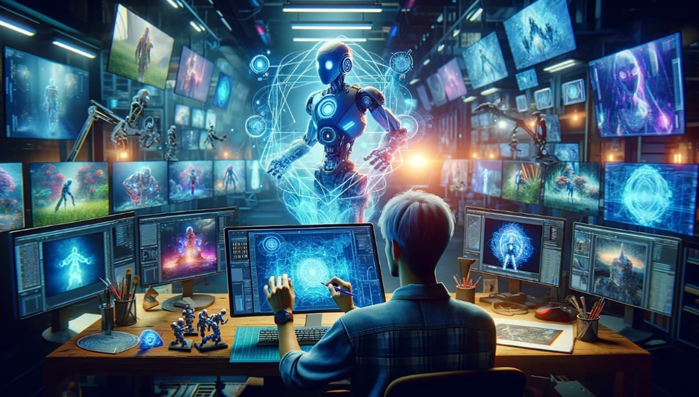 Teknologi game modern dengan AI, cloud gaming, virtual reality, dan grafis realistis dalam industri gaming masa depan