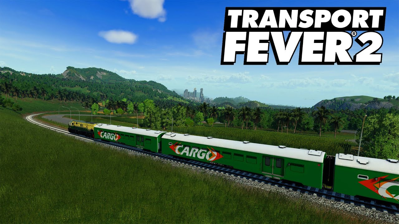 Transport Fever 2 menampilkan jaringan kereta api, truk logistik, kapal, dan pesawat dalam simulasi transportasi modern.