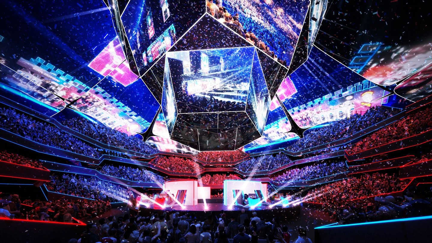 Pemain profesional esports bertanding dalam turnamen game kompetitif di panggung besar dengan penonton dan layar LED