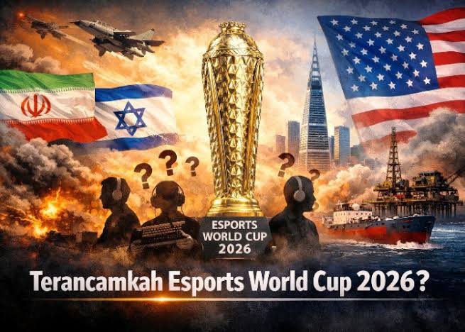 Pemain esports profesional bertanding dalam turnamen global dengan layar LED besar dan penonton digital